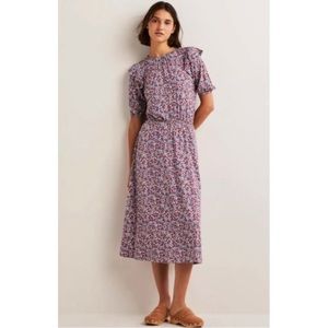 Boden Ruffle Jersey Midi Dress Riveria Blue Petal Paisley Womens Size 6 NWT $140